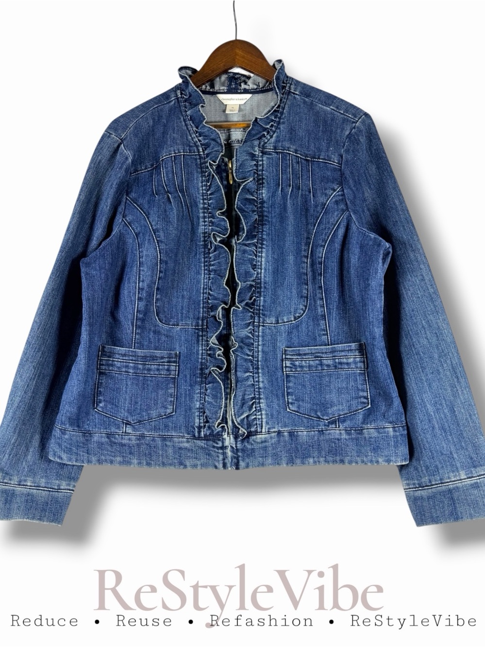CHRISTOPHER & BANKS Women’s Size XL Jacket Coat Denim Jean Style Zipper Ruffles